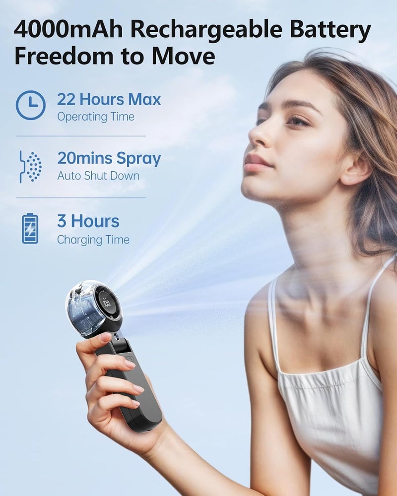 TriPole Misting Fan Portable Handheld Turbo Fan with Mist, LED Display, Foldable High Speed Airflow Mini Fans, Rechargeable Personal Mister with Water Spray Bottle for Summer Trip Beach Camping, Black - Image 5